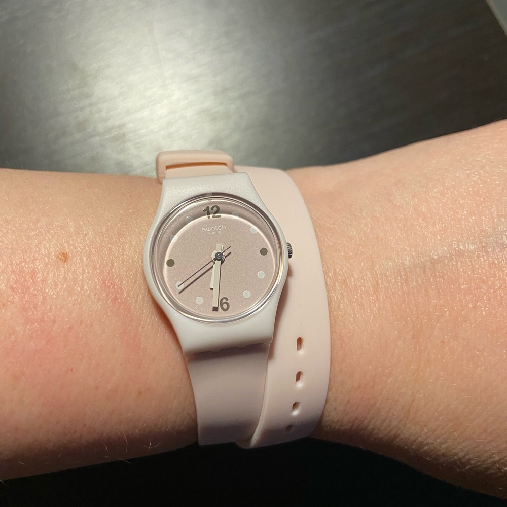 Genuine Swatch watch LP151 with soft pink silicone double twist wristband